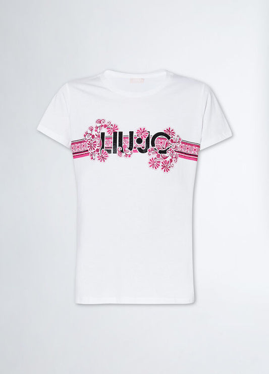 T-shirt con stampa logo e strass Liujo bianco