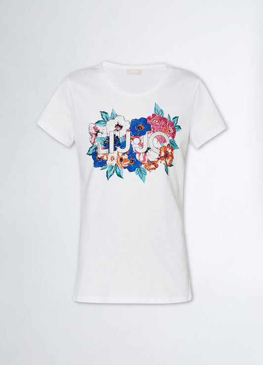 T-shirt con stampa logo e strass Liujo bianco