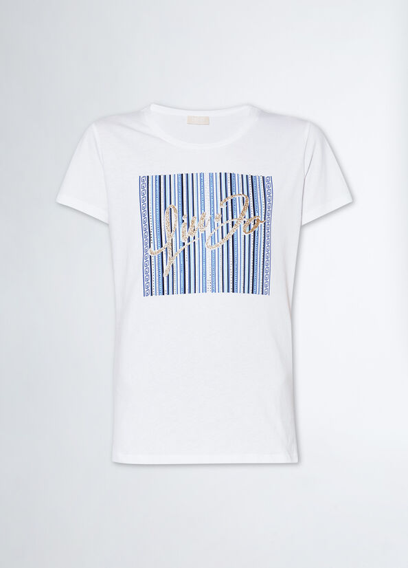 T-shirt con logo e strass Liujo bianco