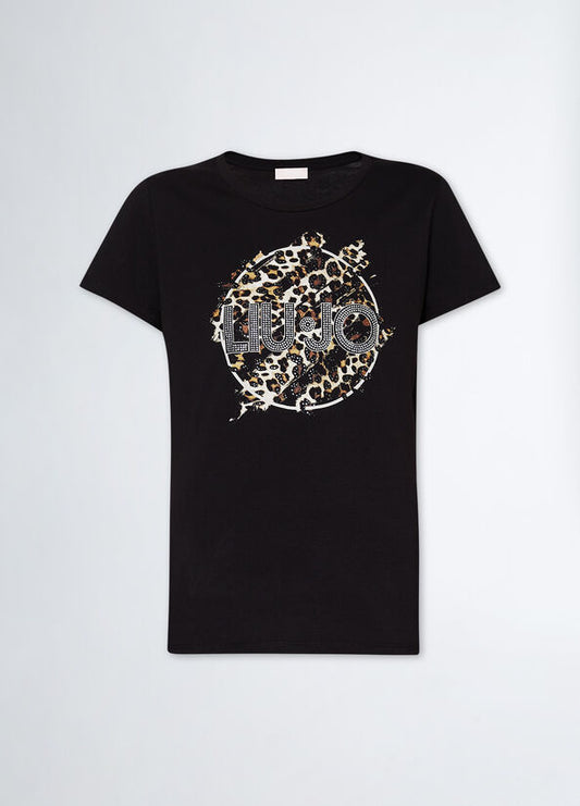 T-shirt con stampa animalier e strass Liujo nero
